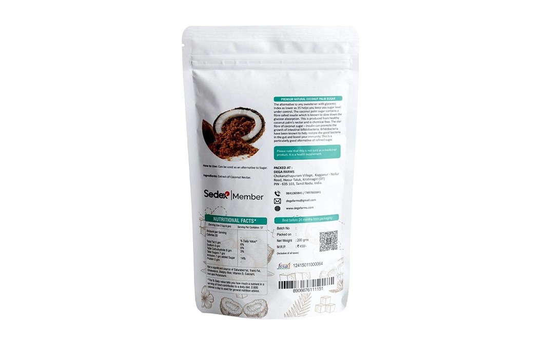 Dega Farms Natural Coconut Palm Sugar Premium   Pack  200 grams